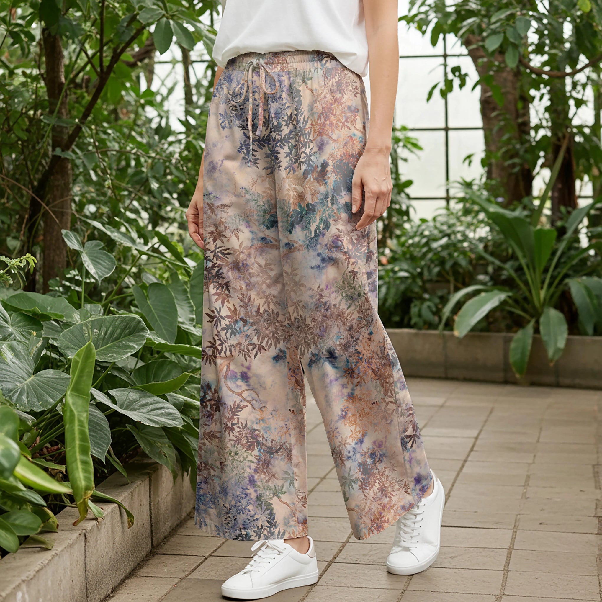 Women Casual Pants Lounge Elastic Waist Drawstring with Pockets 93% Lyocell, 7% Linen Brown Aloha Autumn Forest Shadows