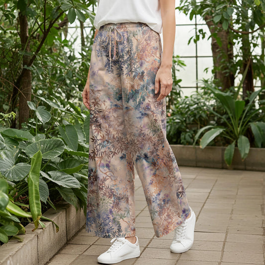 Women Casual Pants Lounge Elastic Waist Drawstring with Pockets 93% Lyocell, 7% Linen Brown Aloha Autumn Forest Shadows