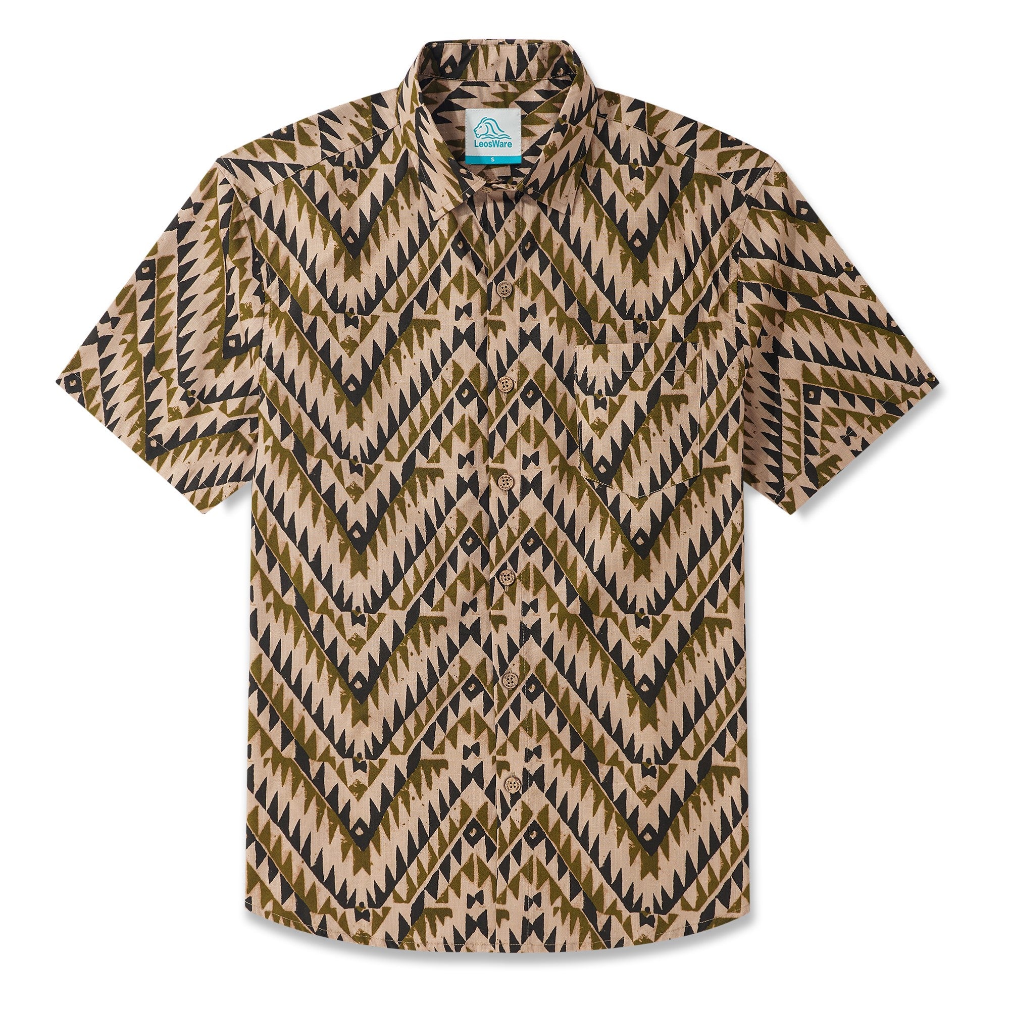 LeosWare® Men's Hawaiian Shirt Short Sleeve Button-up 100% Cotton Brown Aloha Exotic Tribe Geometric Pattern Painting