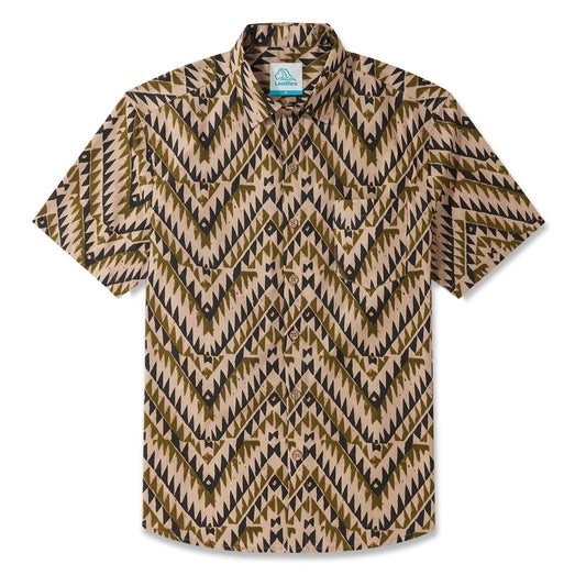 LeosWare® Men's Hawaiian Shirt Short Sleeve Button-up 100% Cotton Brown Aloha Exotic Tribe Geometric Pattern Painting