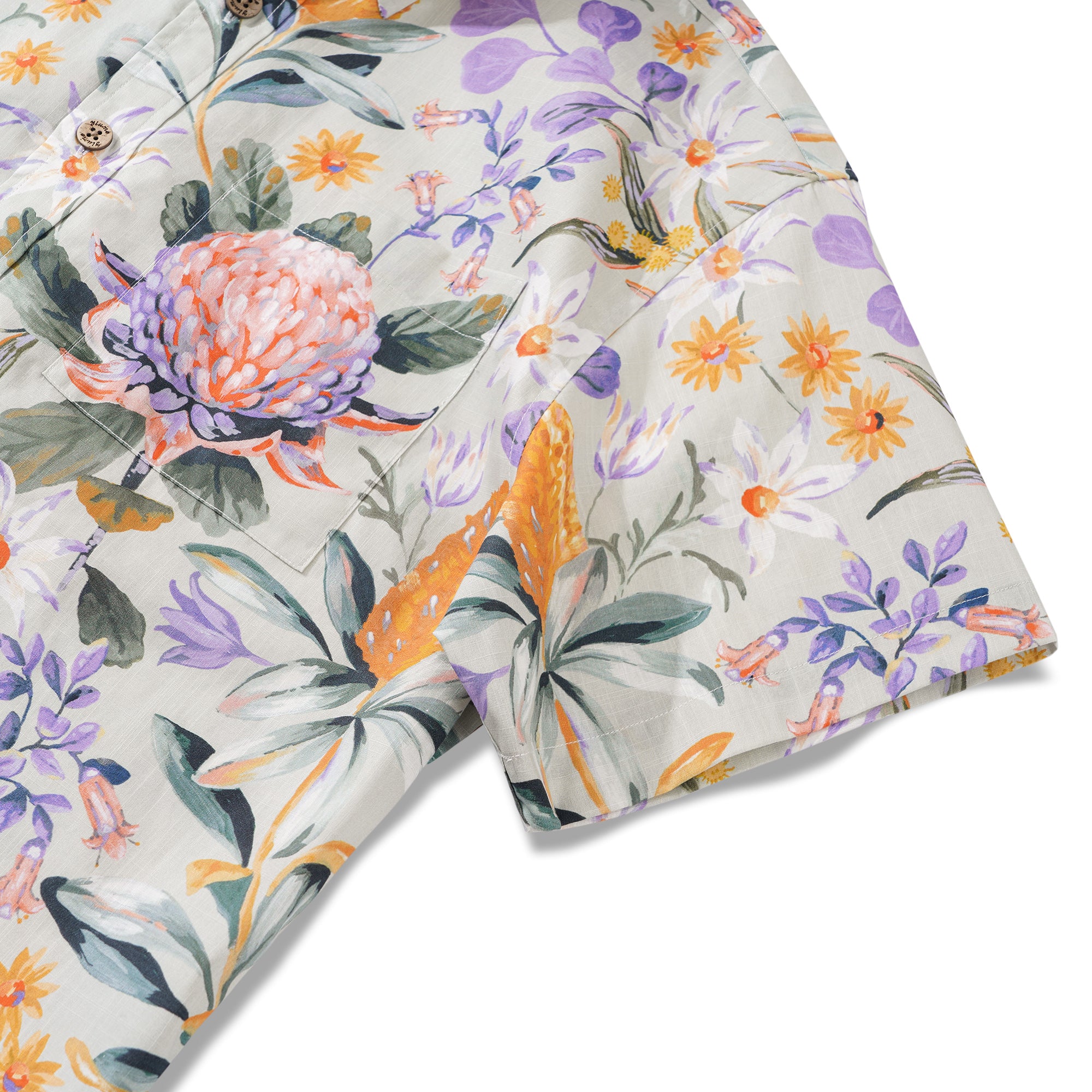 Bushwalk par Jayne Branchflower Chemise à manches courtes pour homme 100% coton Boutonnée Violet Aloha Hawaïenne