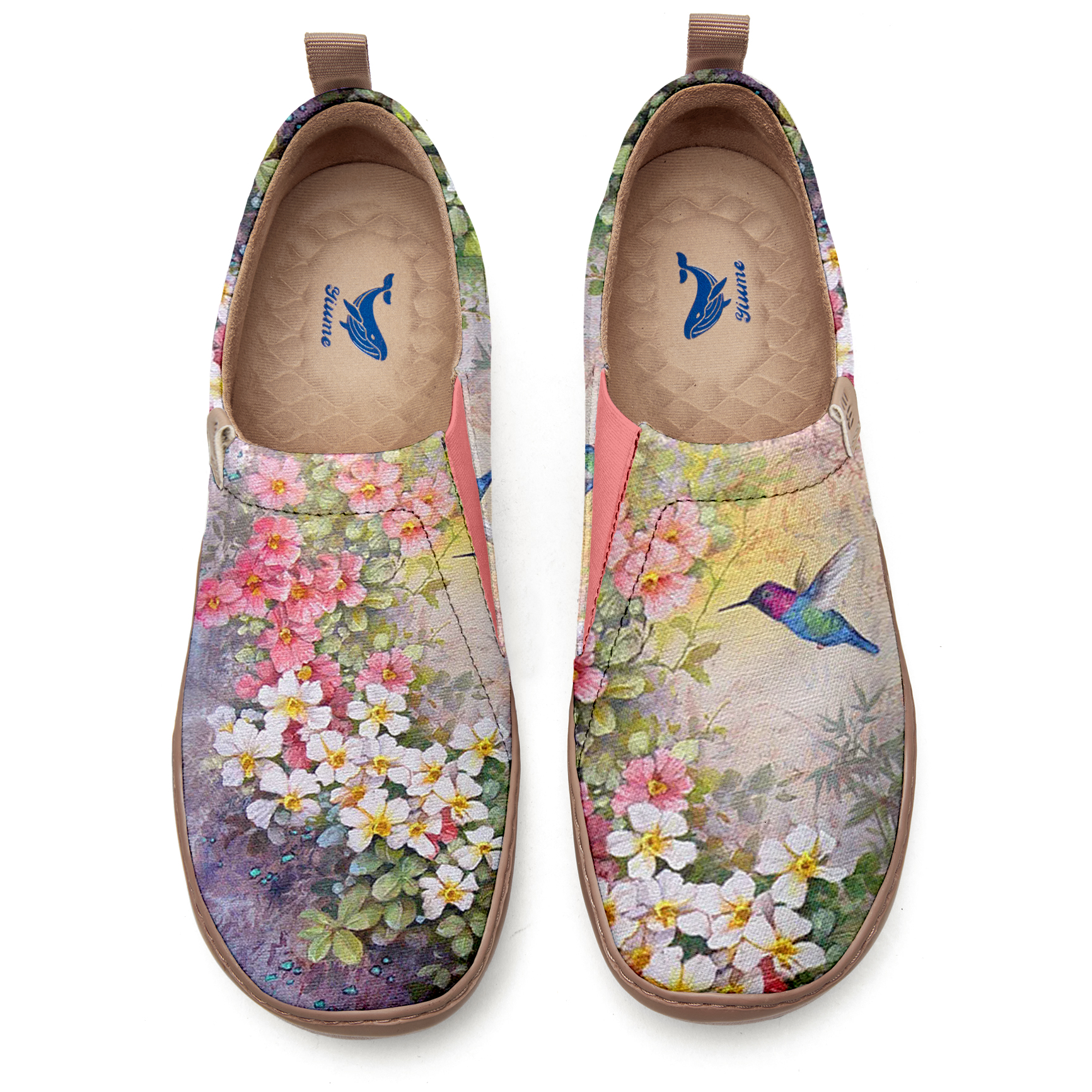 Women's Art Slip-On Casual Canvas Shoes Floral Hummingbird Whimsy Print Painted 100% Cotton Floral And Avian Art Women Shoes