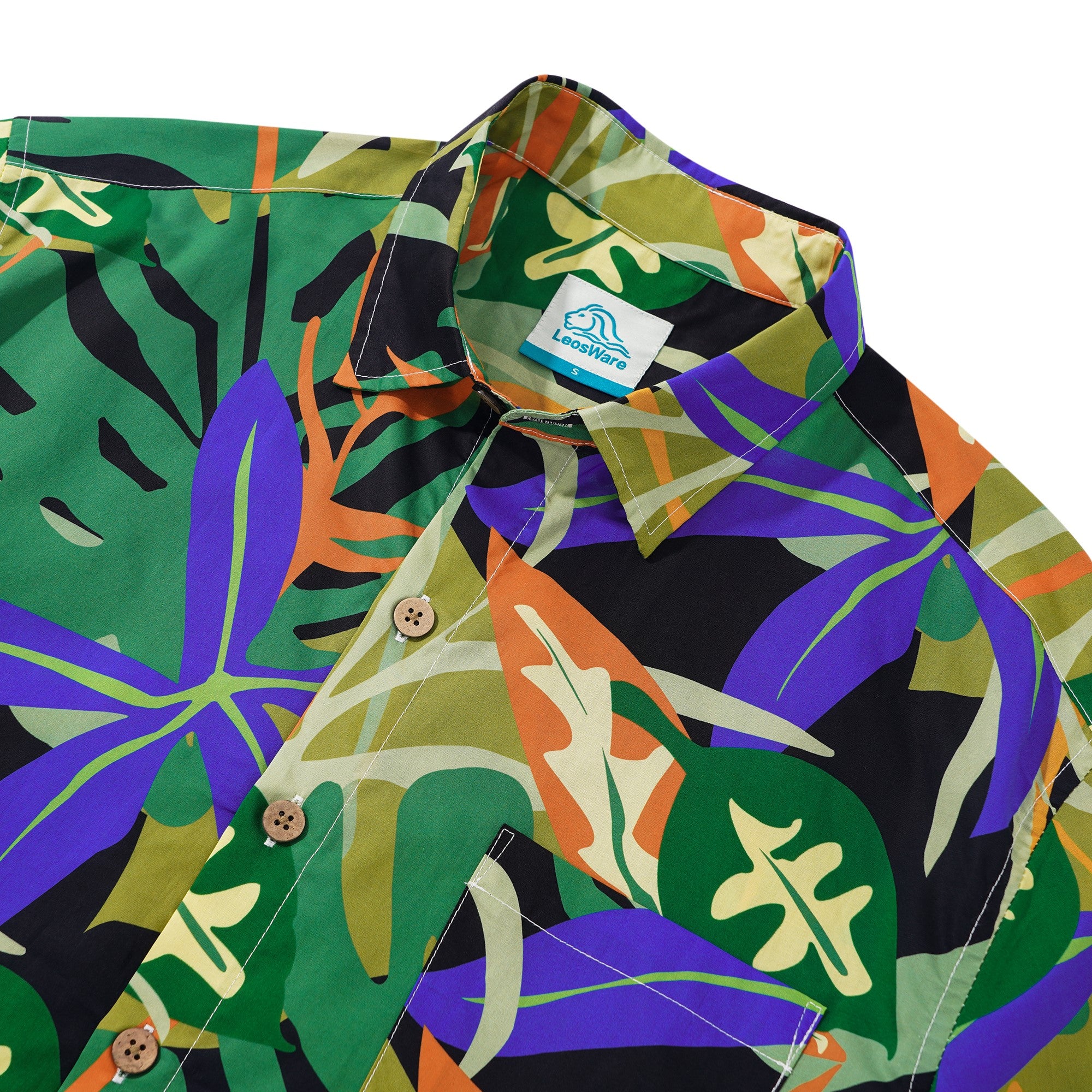 LeosWare® Men's Hawaiian Shirt Short Sleeve Button-up 100% Cotton Green Aloha Colorful Tropical Plant Leaf Art