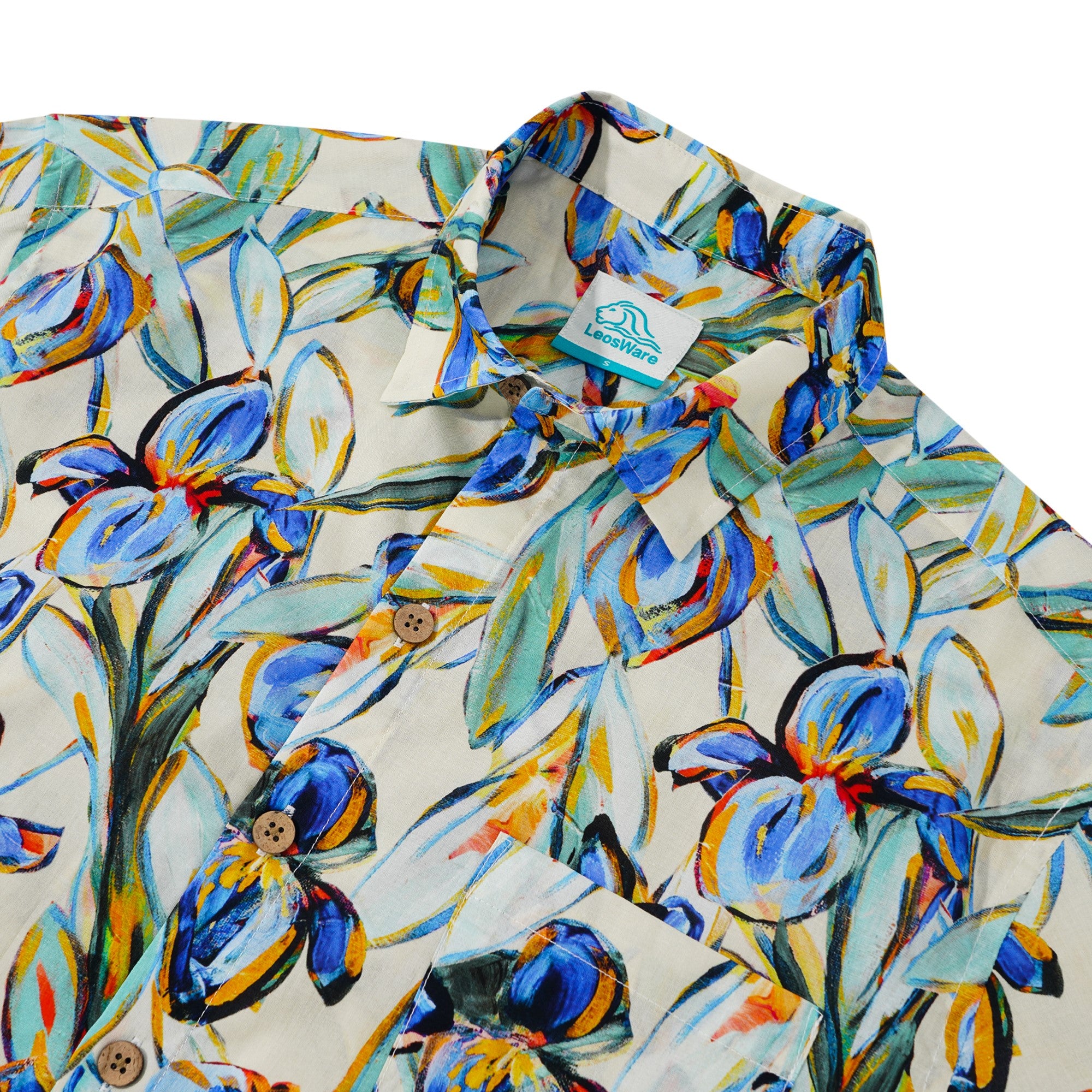 LeosWare® Men's Hawaiian Shirt Short Sleeve Button-up 100% Cotton Blue Aloha Vibrant Blue Floral Art Painting