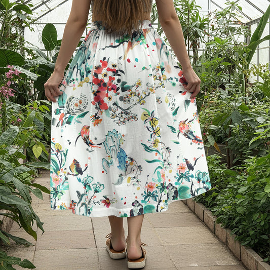 Women Casual Maxi Skirt Long Elastic Waist with Pockets 100% Cotton Green Aloha Ink Flower Wonder