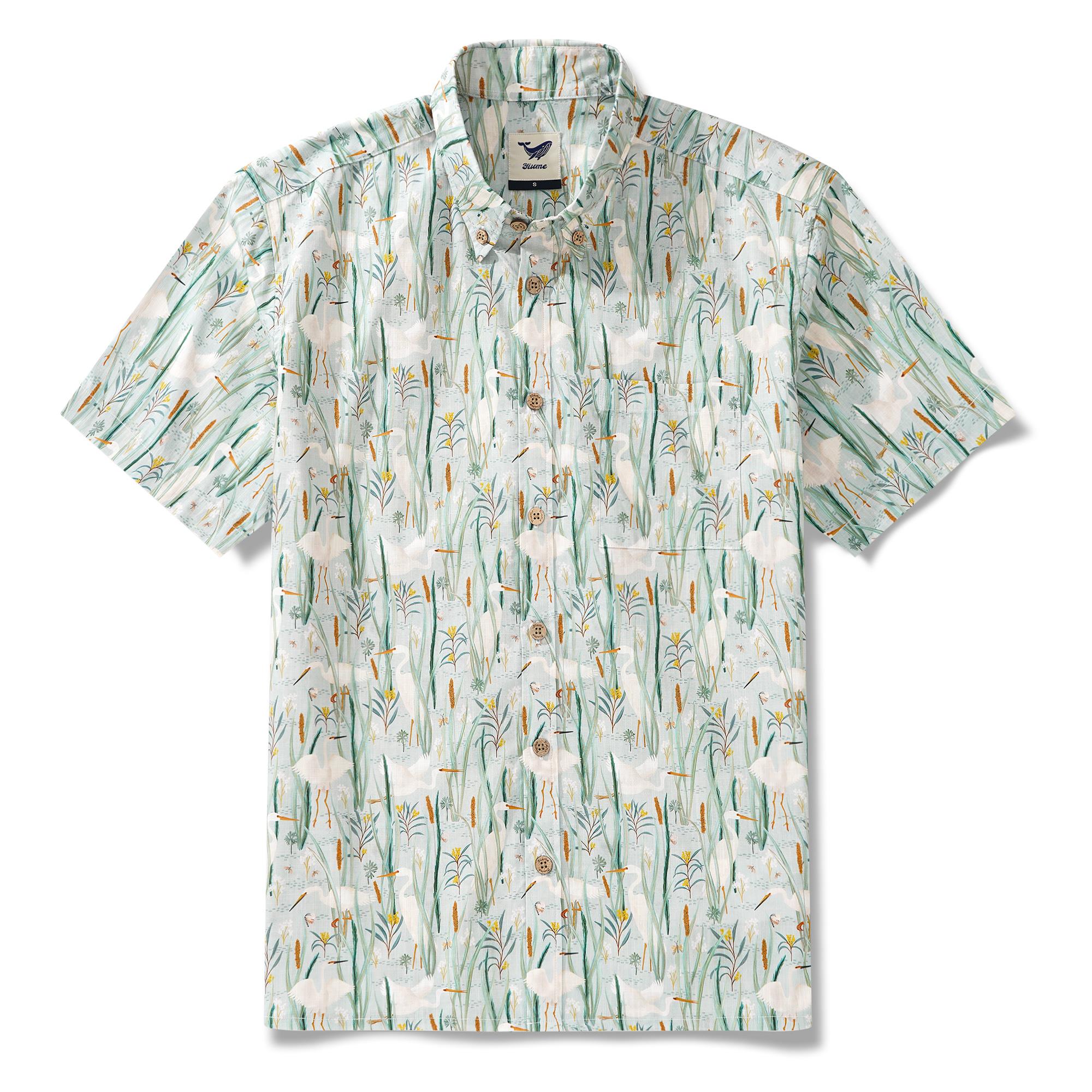 Chemise hawaïenne masculine à manches courtes à manches courtes 100% coton vert aloha oiseaux du billabong par Katherine Quinn