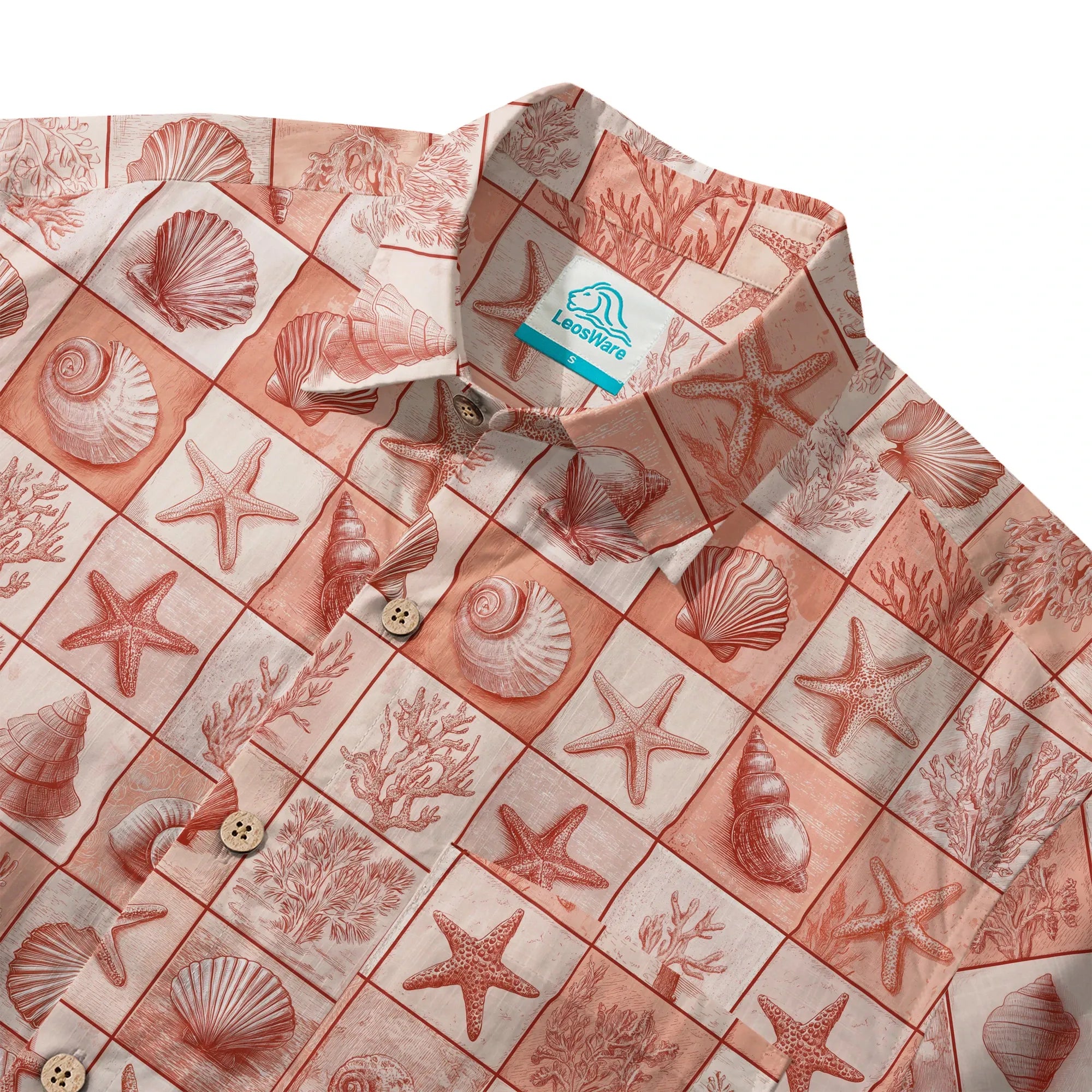 Close-up of coral red plaid pattern with marine elements