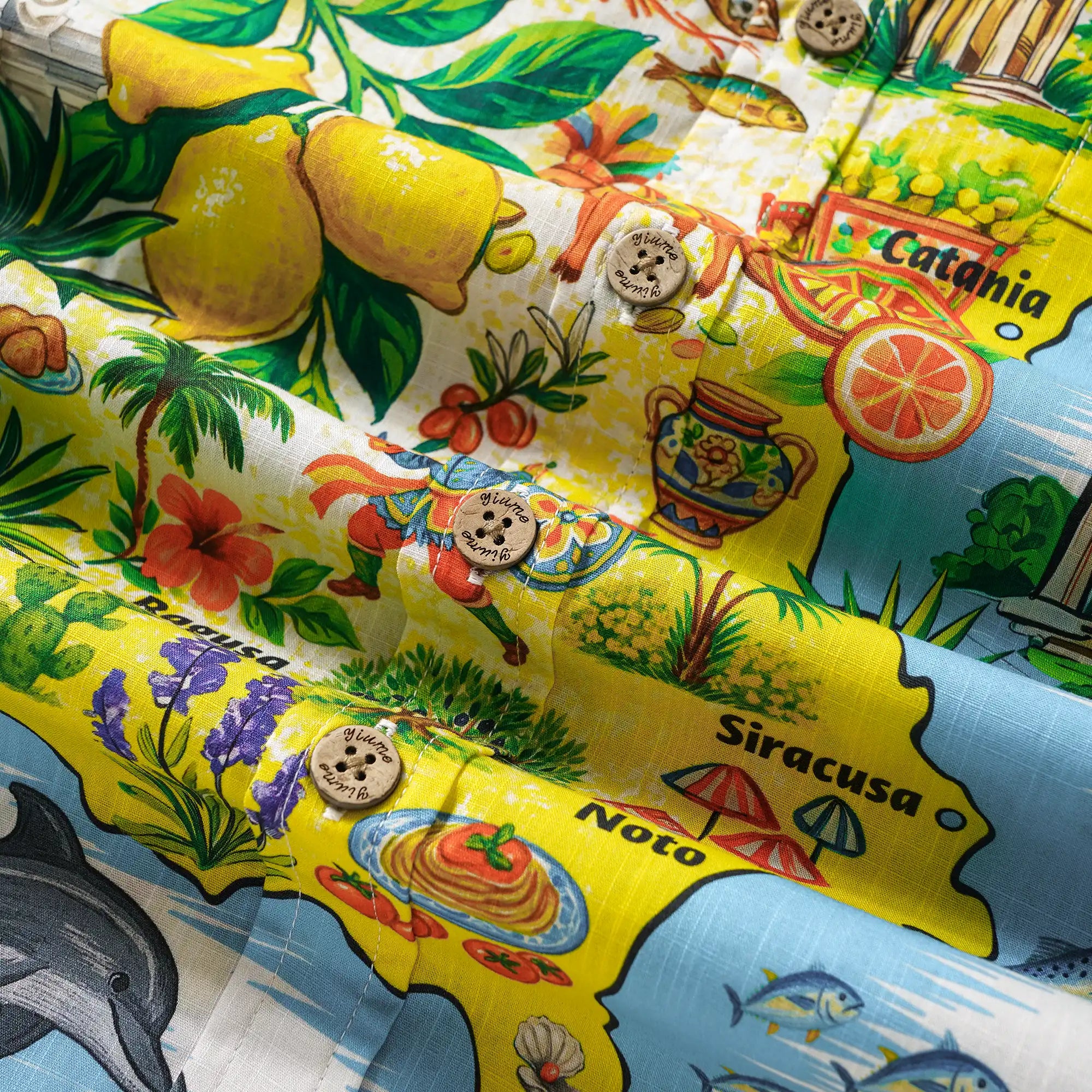 Men's Hawaiian Shirt Short Sleeve Button-down 100% Cotton Blue Aloha Sicilian Coast