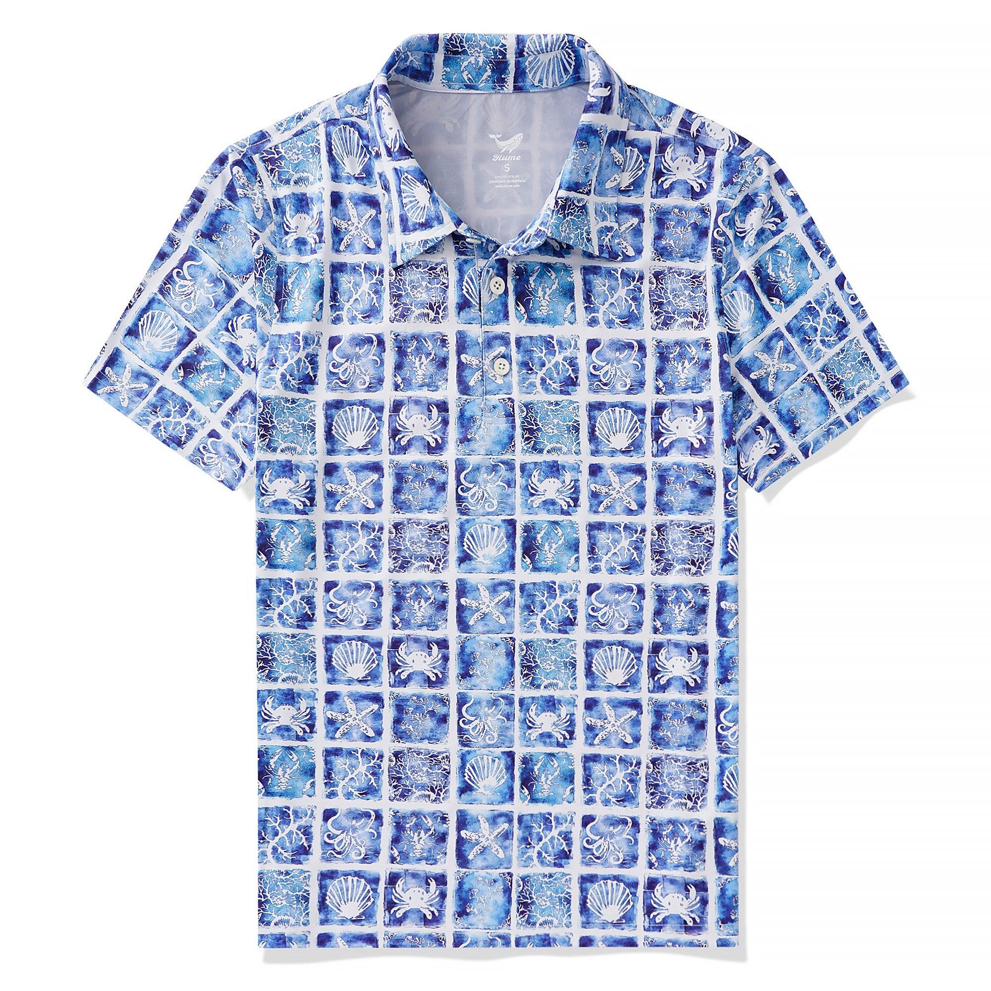 Men's Hawaiian Polo Shirt Short Sleeve 83% Recycled polyester 17% Spandex Blue Aloha Ocean Crest