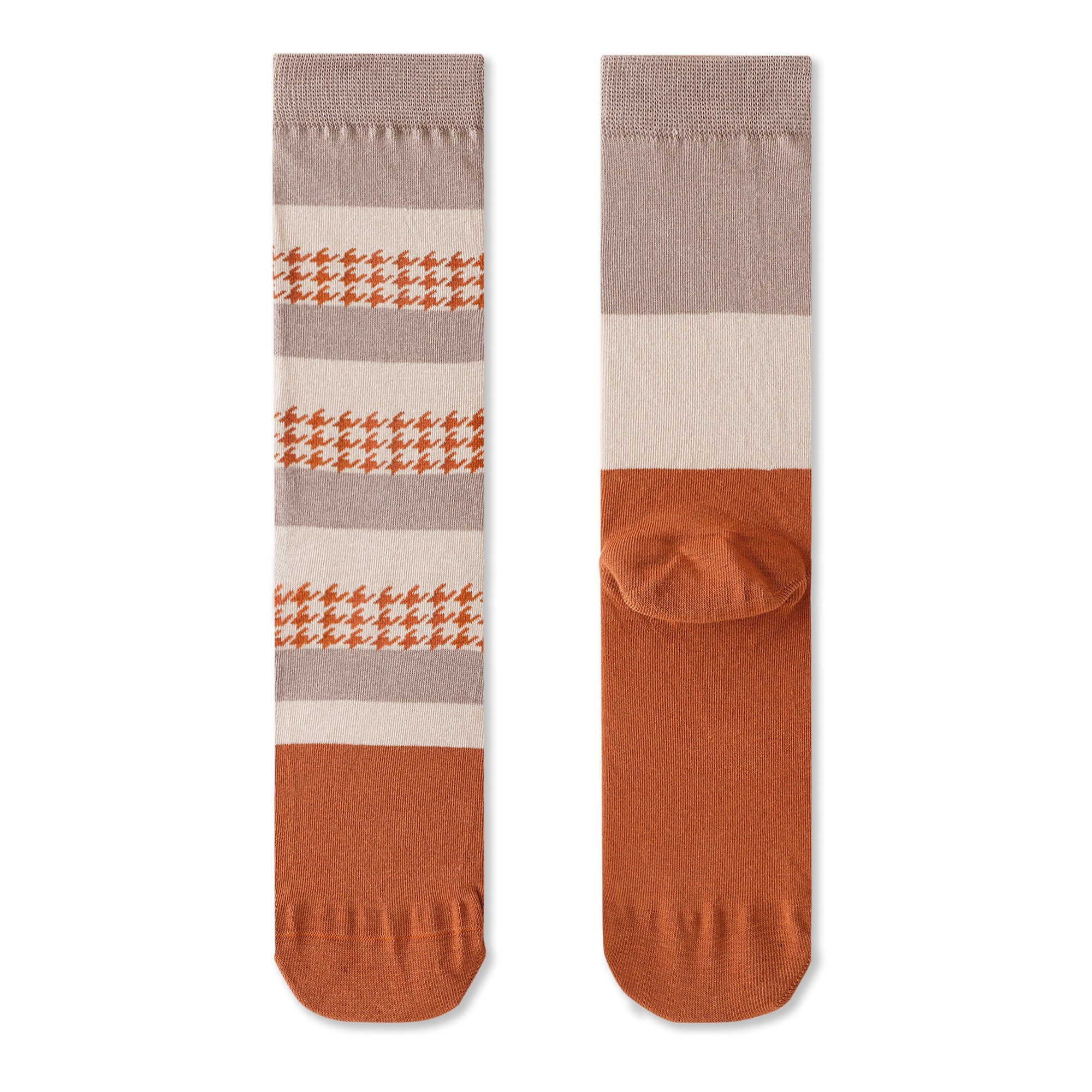 Women's Mismatched Crew Socks Colorblock & Houndstooth – Beige & Rust Orange