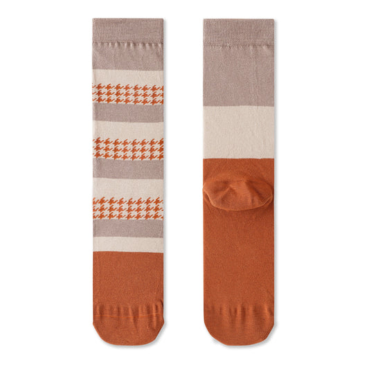 Women's Mismatched Crew Socks Colorblock & Houndstooth – Beige & Rust Orange