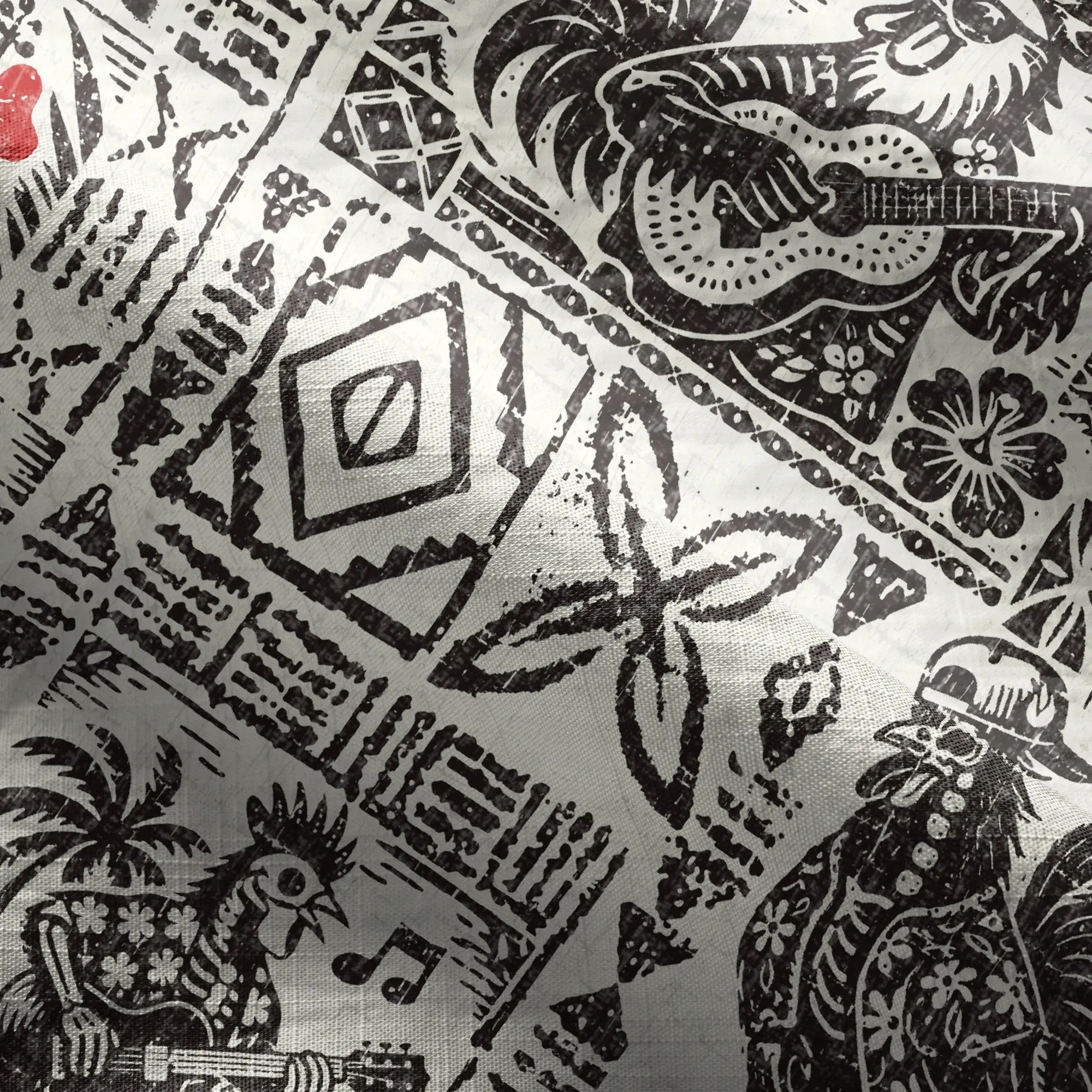 Art-inspired women's skirt with rooster and pineapple design