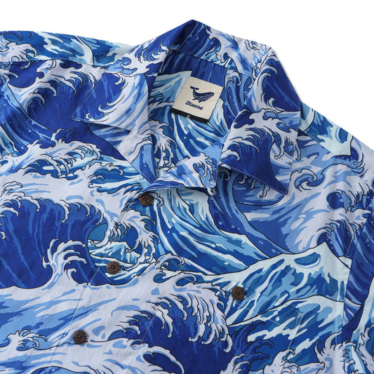 Close-up of ocean wave print on men's Hawaiian shirt