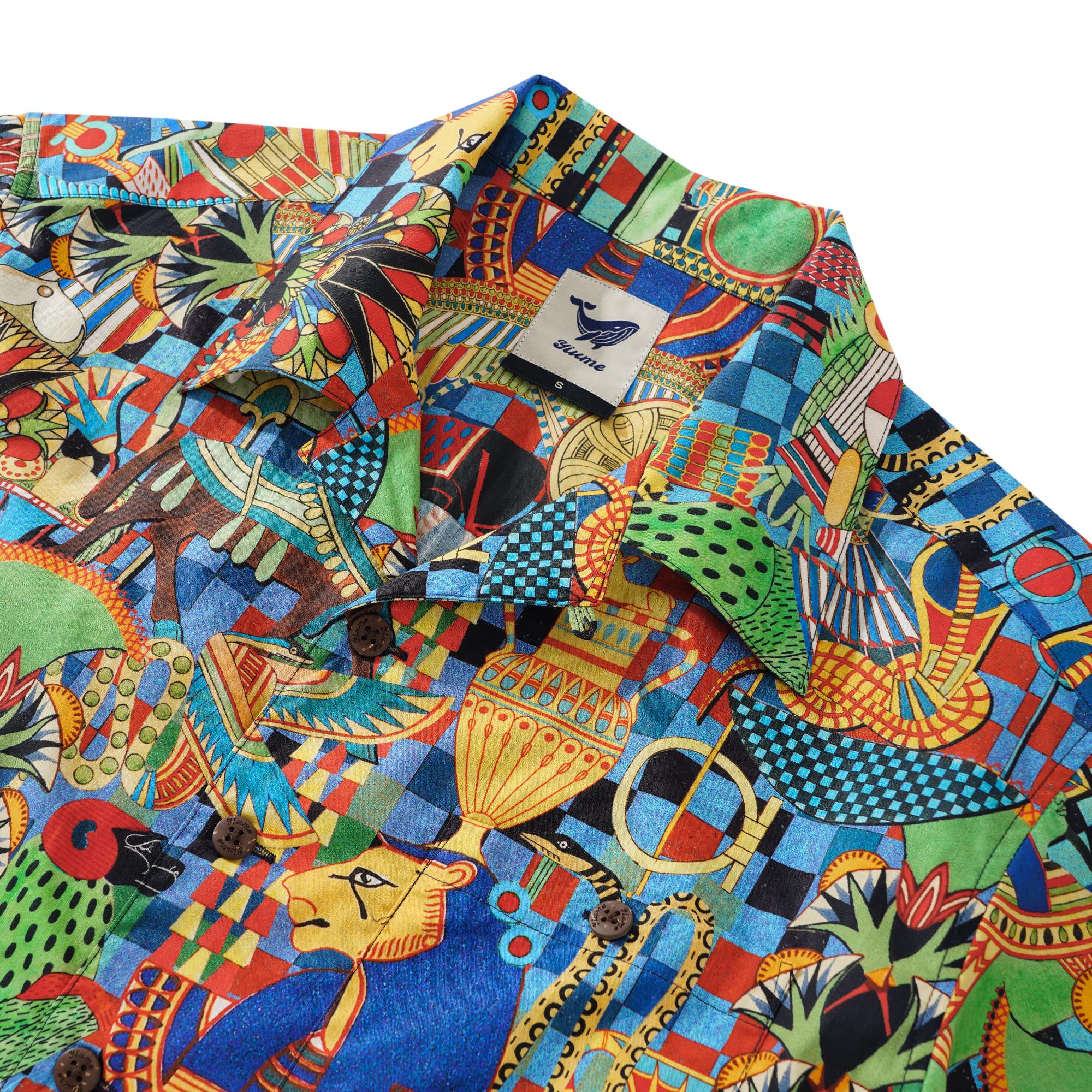 Men's Hawaiian Shirt Short Sleeve Camp Collar 100% Cotton Blue Aloha Enchanting Egypt