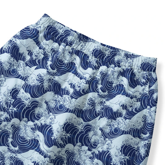 Women's ankle pants in blue wave design, lyocell linen blend