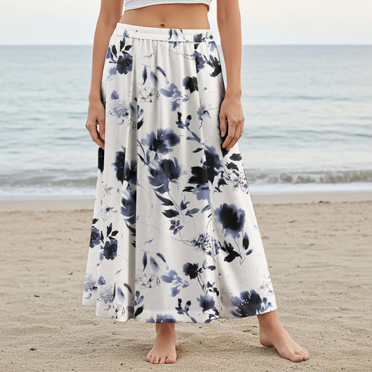 Women Casual Maxi Skirt Long Elastic Waist 100% Cotton White Aloha Eastern Ink Charm