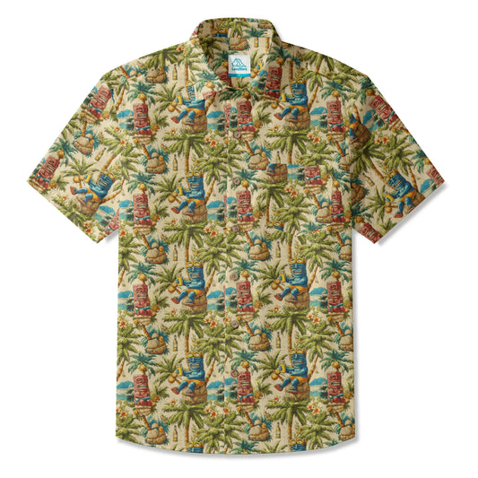 LeosWare Men's Hawaiian Shirt Green Aloha Tiki design