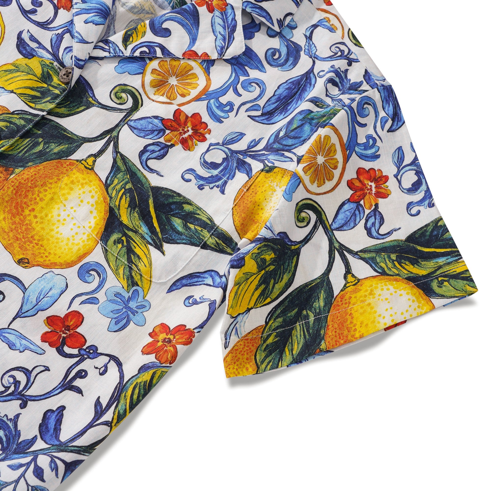 Women's Hawaiian Shirt Blue Aloha Lemon Sicily Cotton Camp Collar Short Sleeve