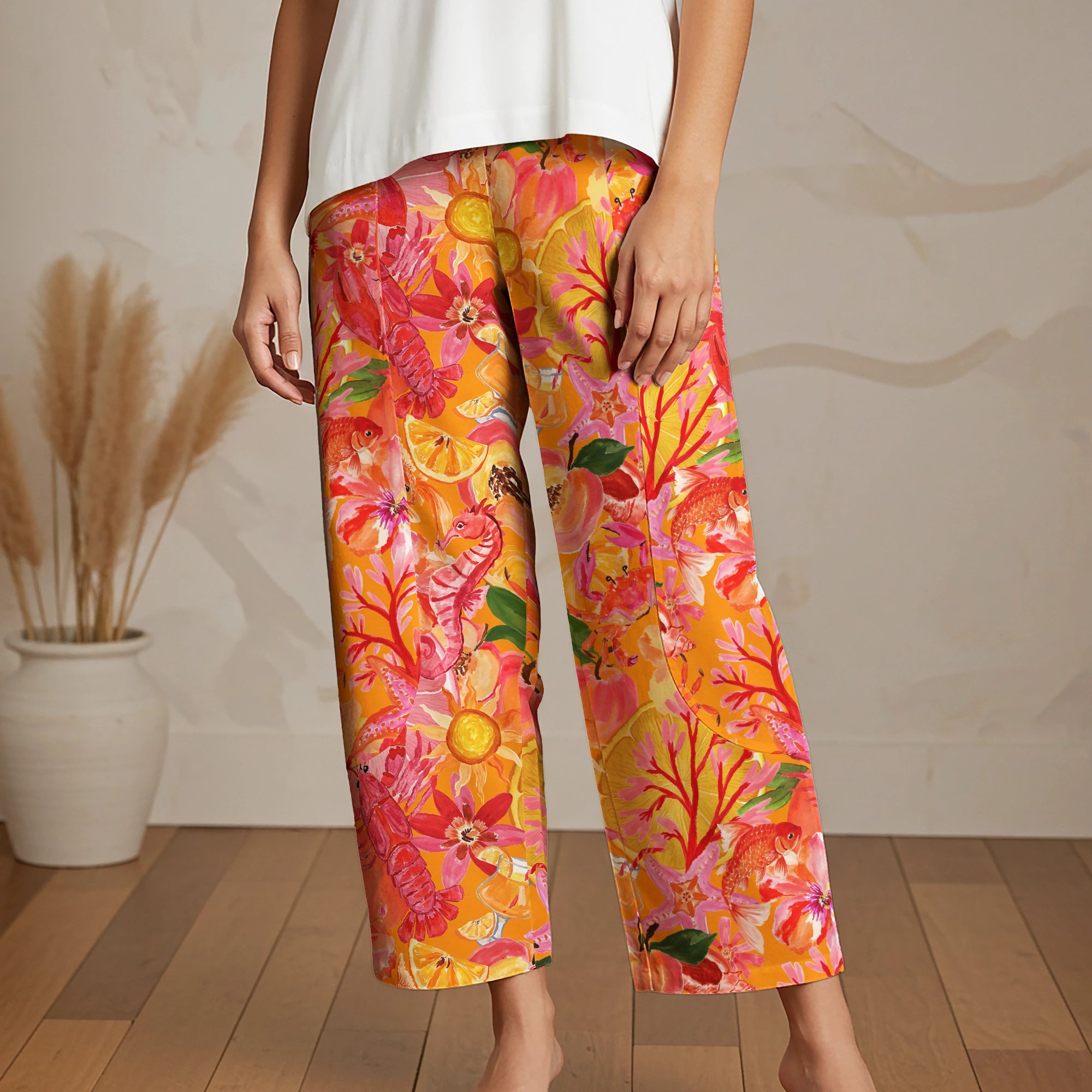 Women Casual Ankle Pants Lounge Elastic Waist with Pockets 93% Lyocell, 7% Linen Orange Aloha Tropical Seaside Fiesta Print