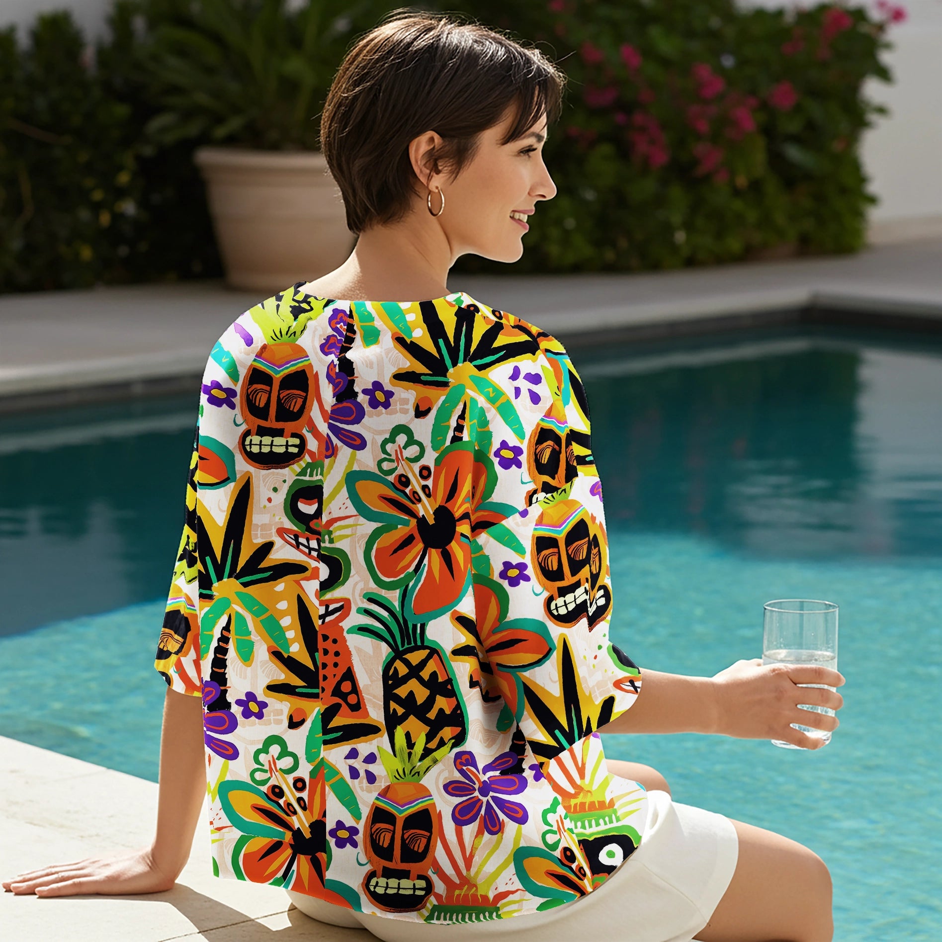 Women Casual Blouse 3/4 Sleeve Crew Neck 76% Lyocell, 24% Nylon Orange Aloha Tropical Tiki Charm