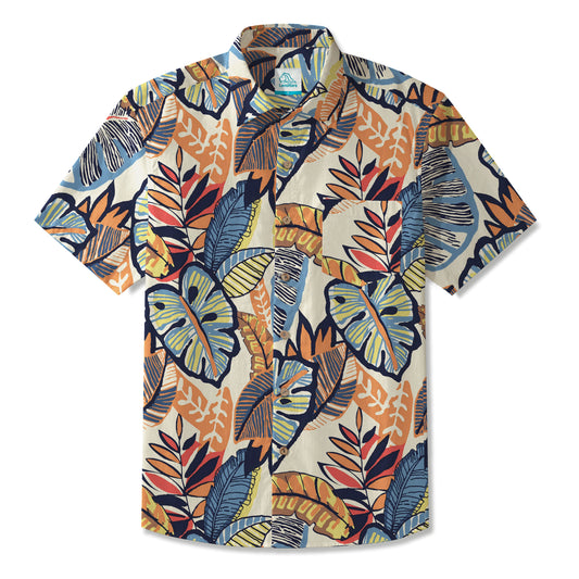 LeosWare® Men's Hawaiian Shirt Short Sleeve Button-up 100% Cotton Orange Aloha Abstract Tropical Leaves