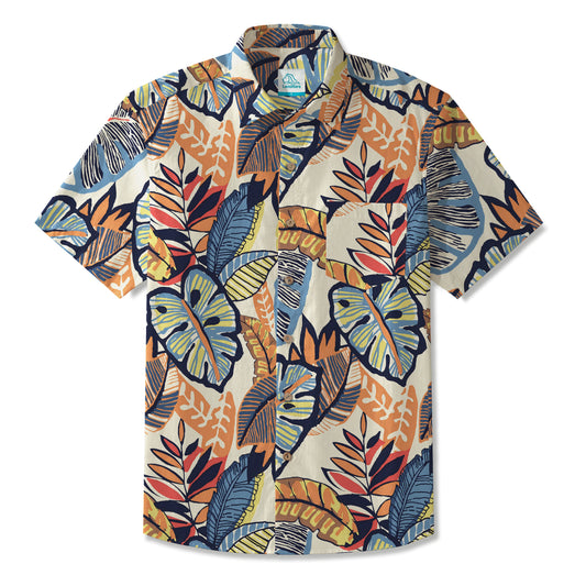 Camisa Hawaiana para Hombre LeosWare® de Manga Corta Abotonada 100% Algodón Naranja Aloha con Diseño Abstracto de Hojas Tropicales
