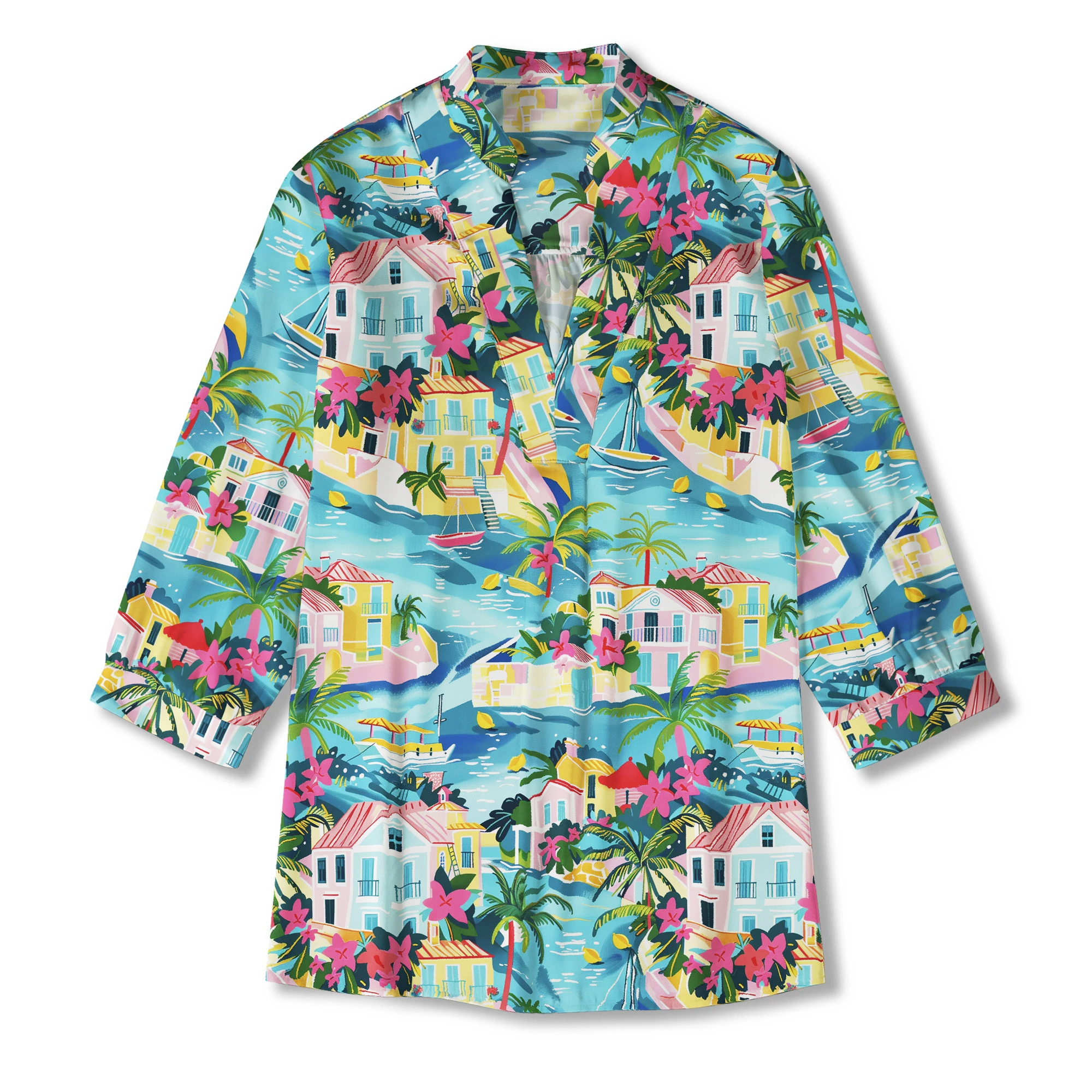Women's blouse with tropical lemon and sailboat elements
