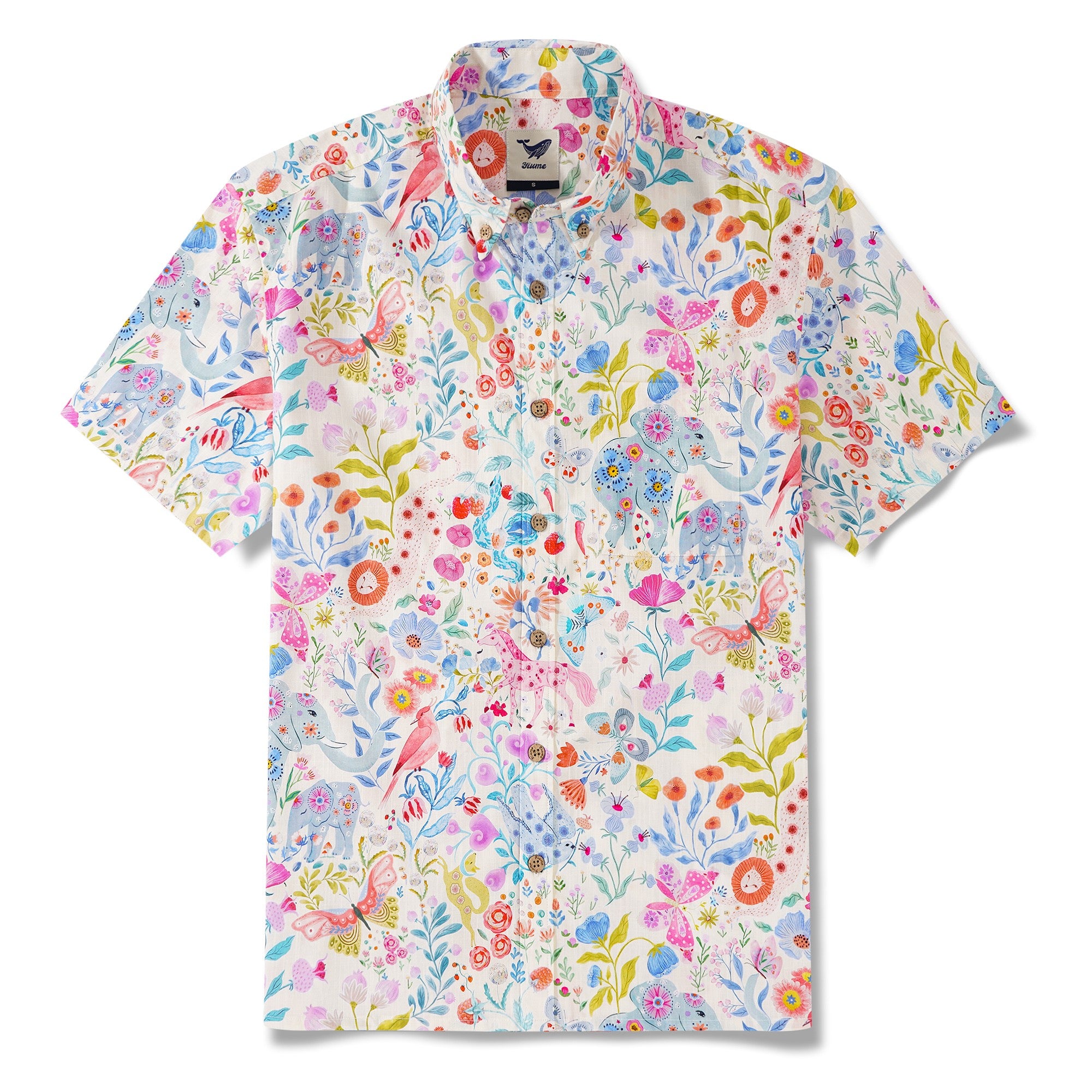 Herren Hawaiian Hemd Kurzärmel Button Down 100% Baumwolle Aloha Enchanted Wildlife