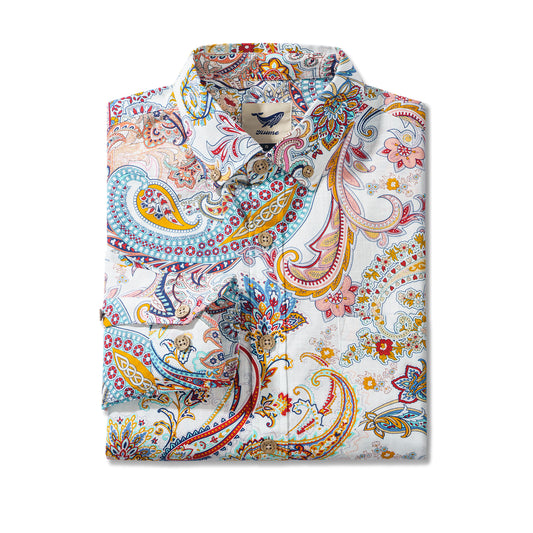 Tanz von Paisley 100% Baumwolle Herren Langarm Button-Down Hemd Weiß Aloha Hawaiian