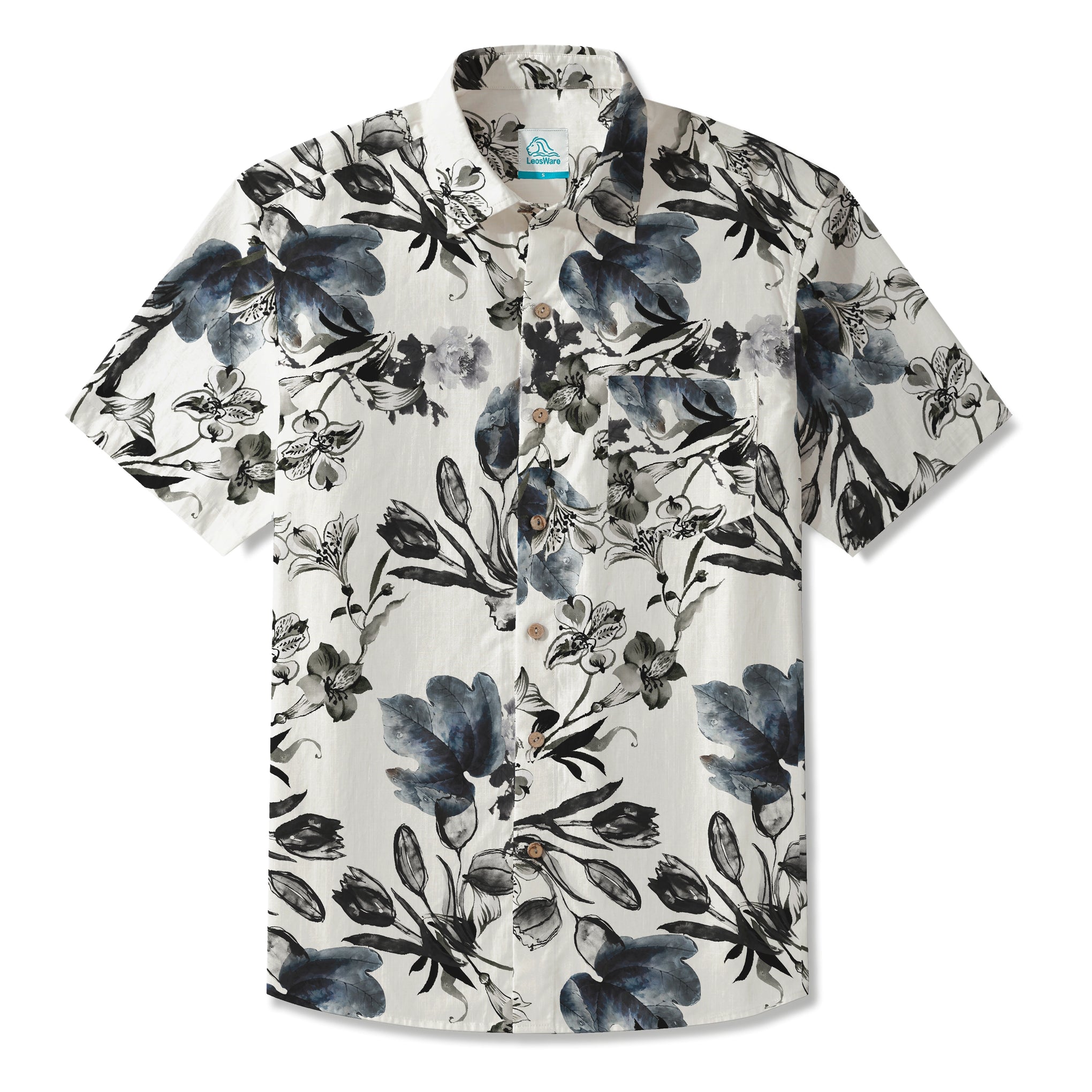 LeosWare® Men's Hawaiian Shirt Short Sleeve Button-up 100% Cotton Black Aloha Ink Painting