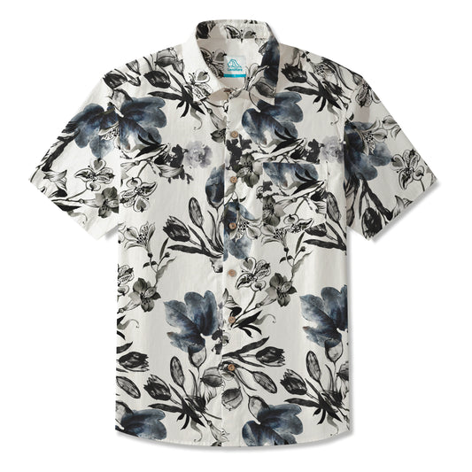 LeosWare® Men's Hawaiian Shirt Short Sleeve Button-up 100% Cotton Black Aloha Ink Painting