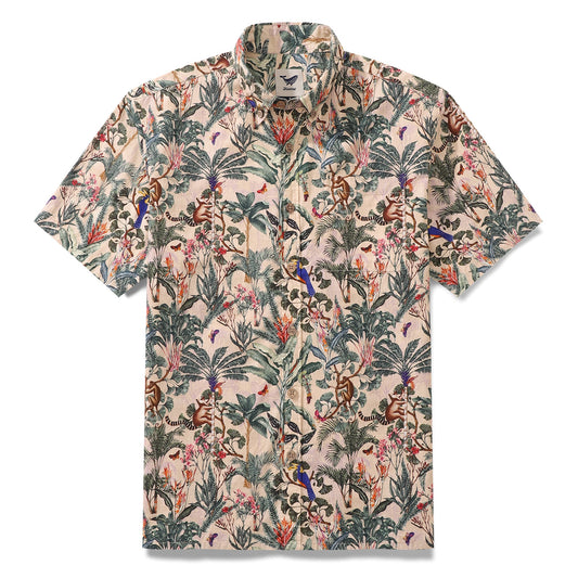 Chemise hawaïenne tropicale pour homme en coton, à boutons, à manches courtes, style aloha, motif jungle