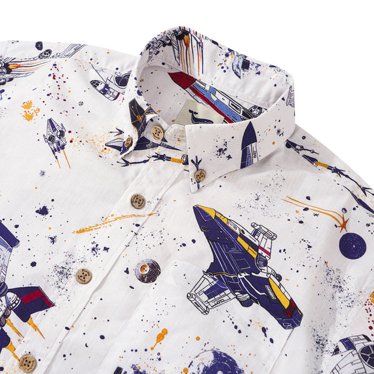 Chemise Star Wars pour hommes Chemise hawaïenne blanche à manches courtes Boutonnée 100 % coton Aloha Voyage Galactique