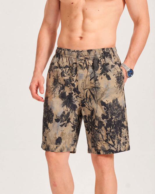Men's Floral Aloha Drawstring Shorts in Brown, 100% Cotton