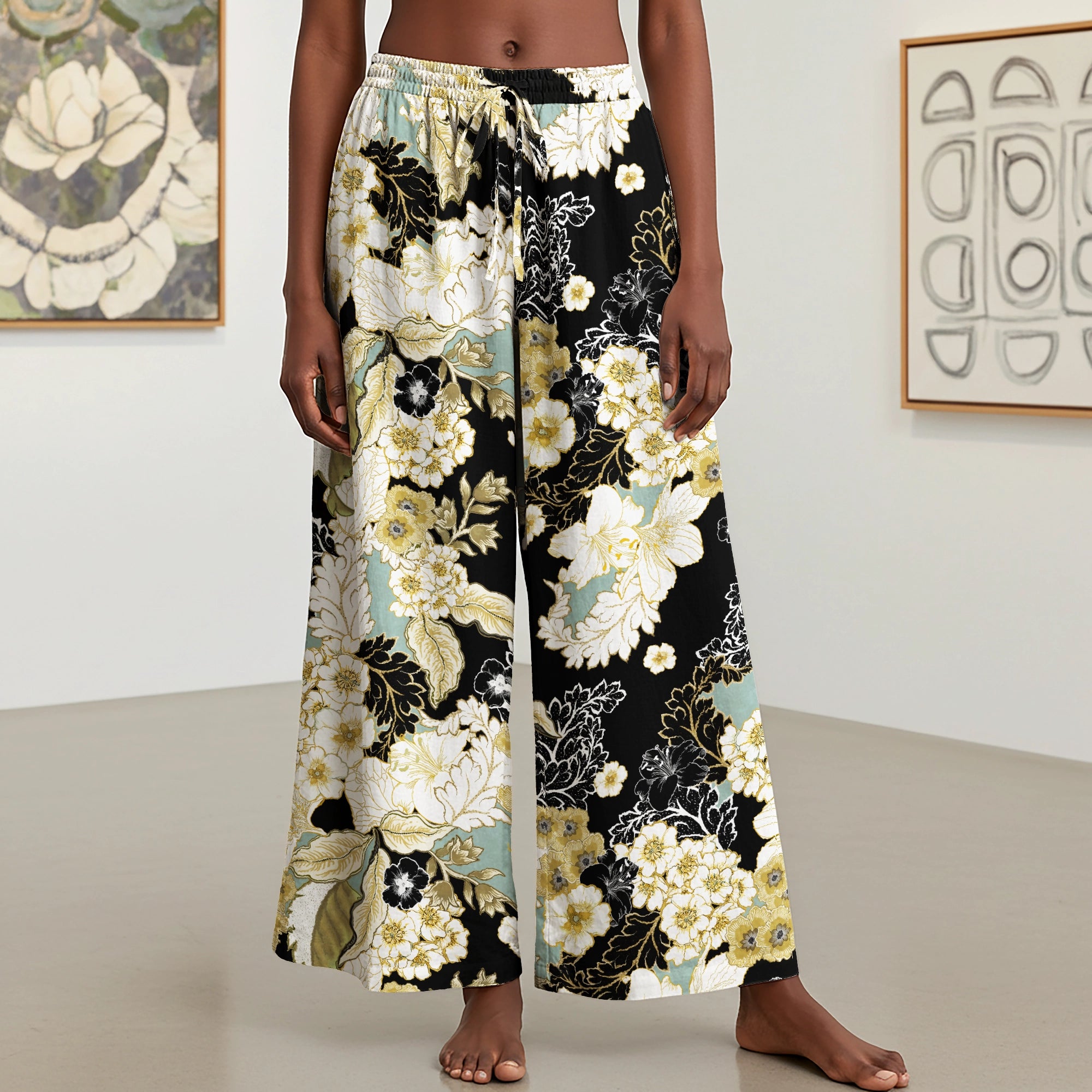 Women Casual Pants Lounge Elastic Waist Drawstring with Pockets 93% Lyocell, 7% Linen Black Aloha Golden Floral Design