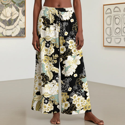 Women Casual Pants Lounge Elastic Waist Drawstring with Pockets 93% Lyocell, 7% Linen Black Aloha Golden Floral Design
