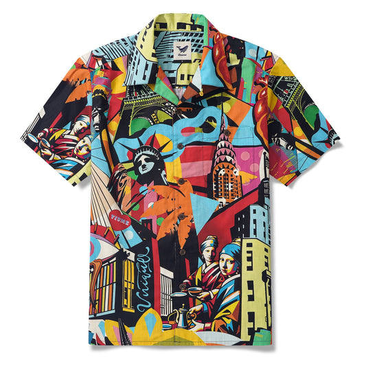 Chemise hawaïenne pour homme à manches courtes, col camp, 100 % coton, rouge, art pop Aloha