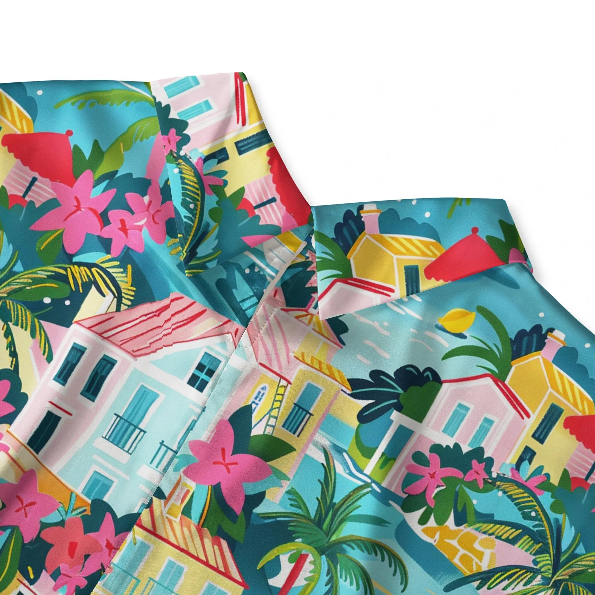 Close-up of fold-over neck on blue tropical blouse