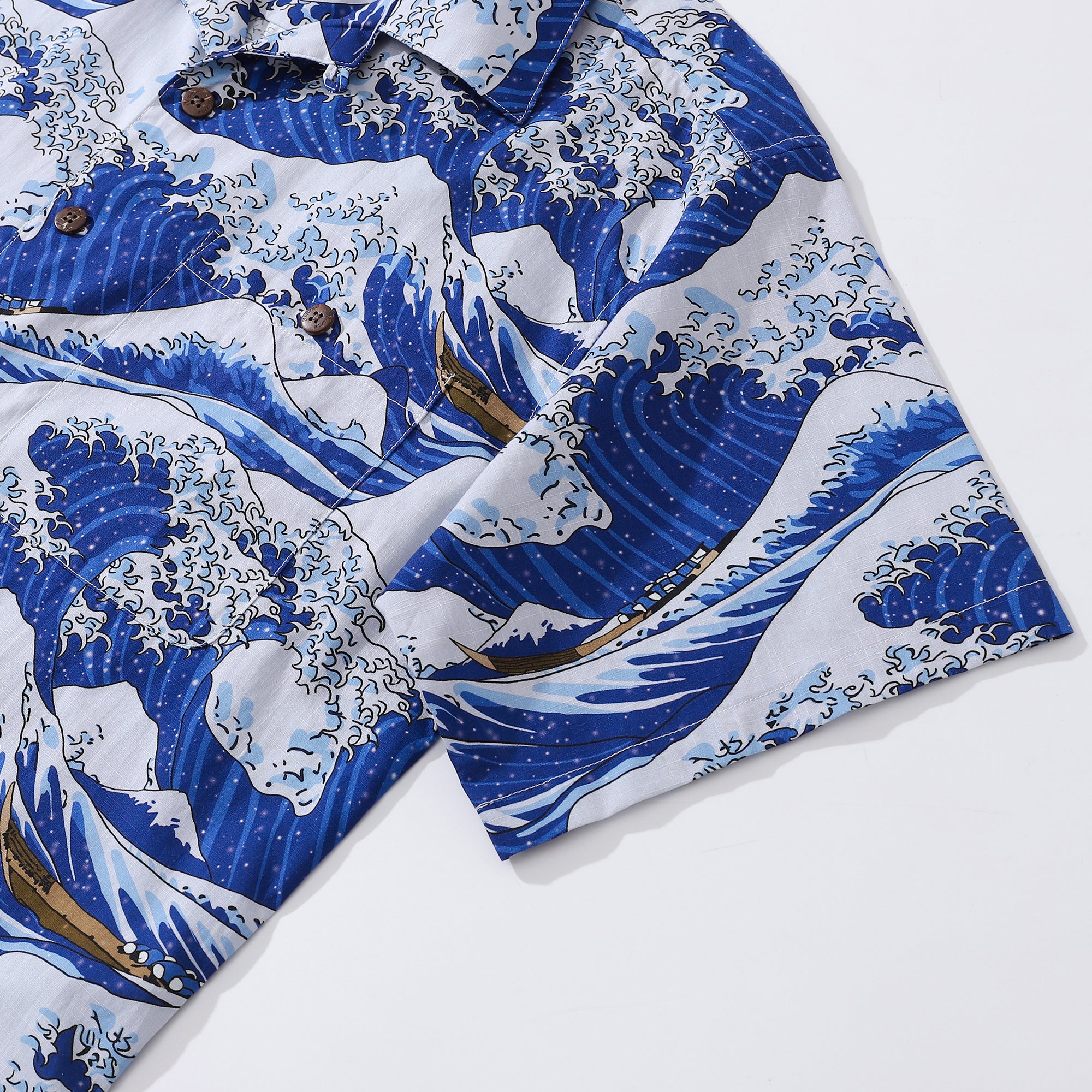 Hawaiian Shirt For Men Ocean Waves Japanese Print Shirt Camp Collar 100% Cotton