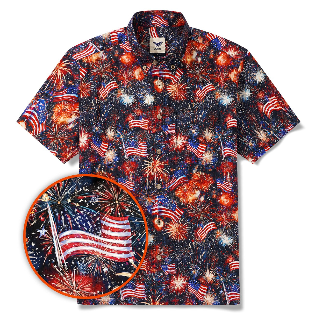 Herren Hawaiian Shirt Kurzarm Button-Down 100% Baumwolle Schwarz Aloha Patriotische Feuerwerke