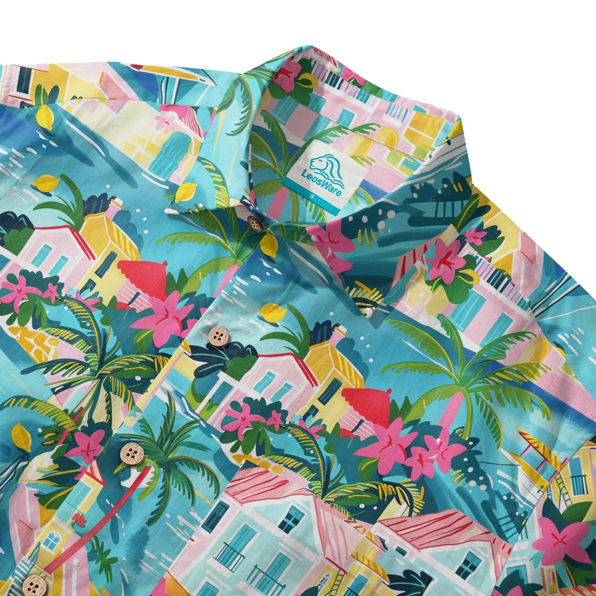 Blue aloha shirt with candy-colored cottages and palm trees