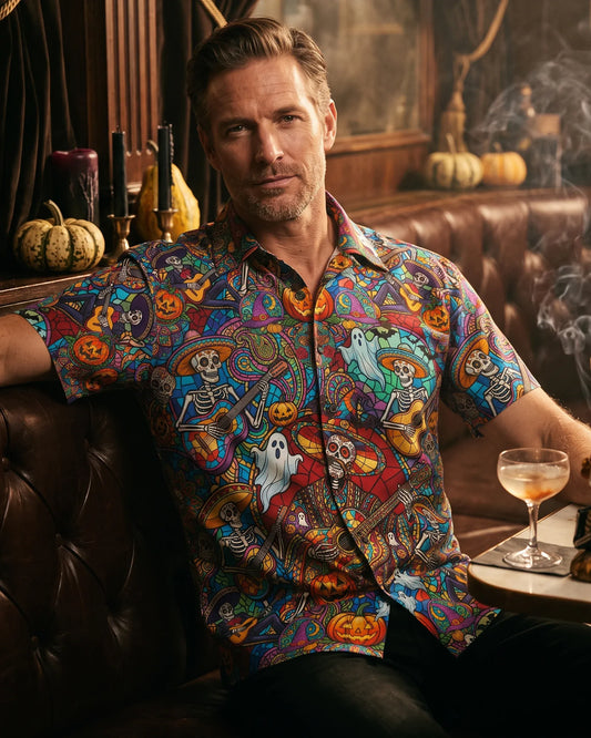 Halloween-themed men's shirt with skull and pumpkin