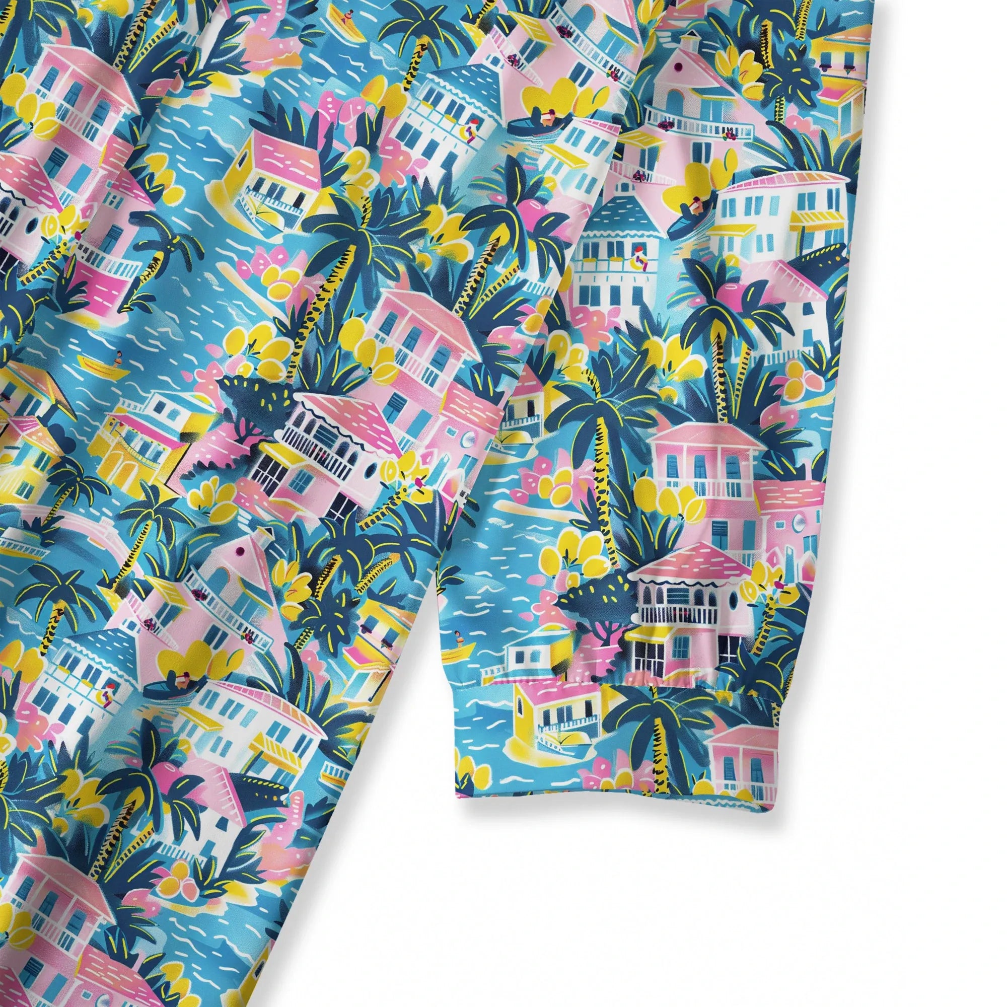Close-up of v-neck and collar on aloha macaron art shirt