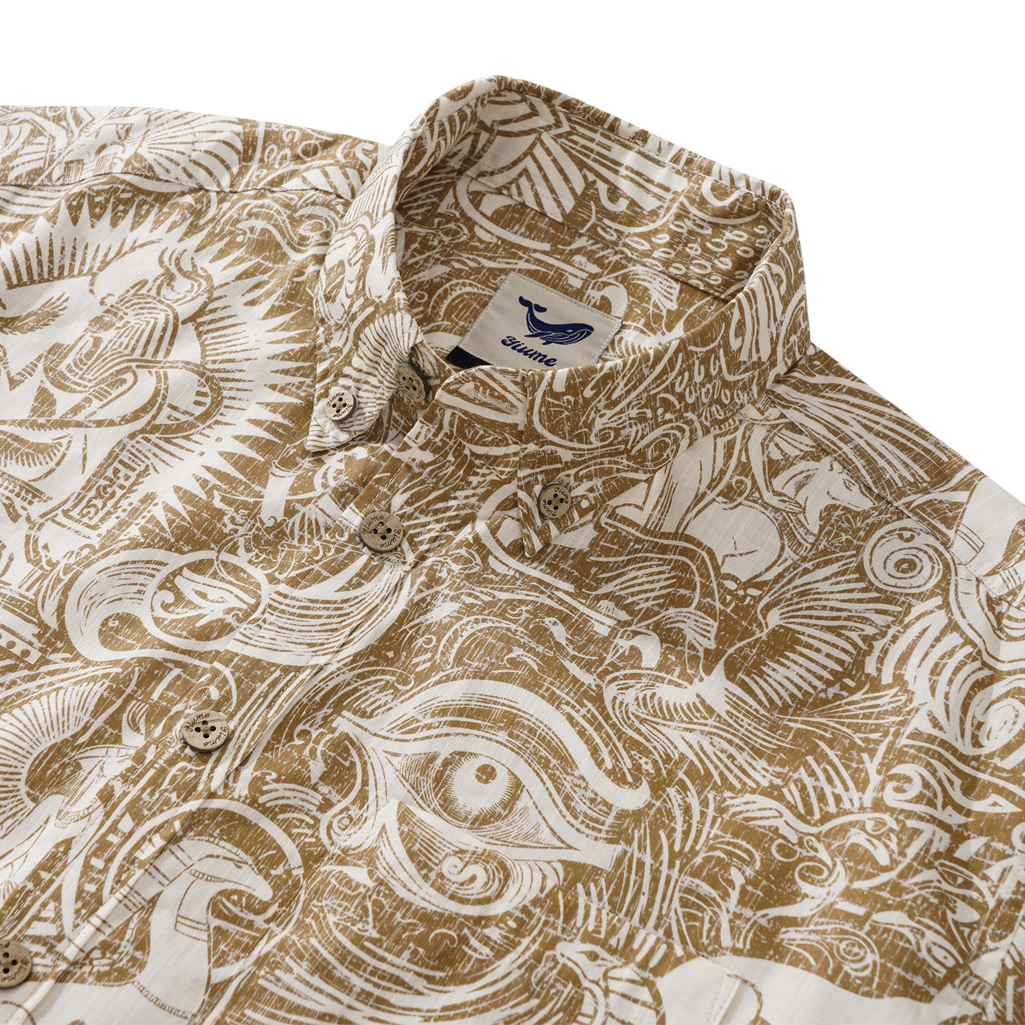 Chemise hawaïenne masculine à manches courtes à manches courtes 100% coton Brown Aloha Mythologie égyptienne ancienne