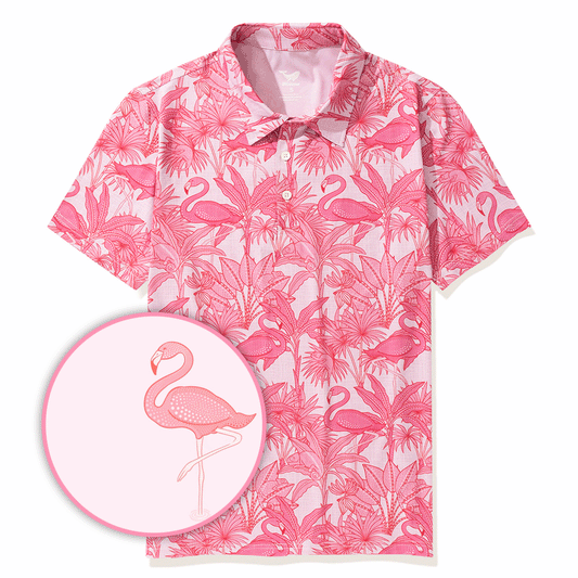 Men's Hawaiian Polo Shirt Short Sleeve 83% Recycled polyester 17% Spandex Aloha Flamingos & Chameleons By House of Haricot