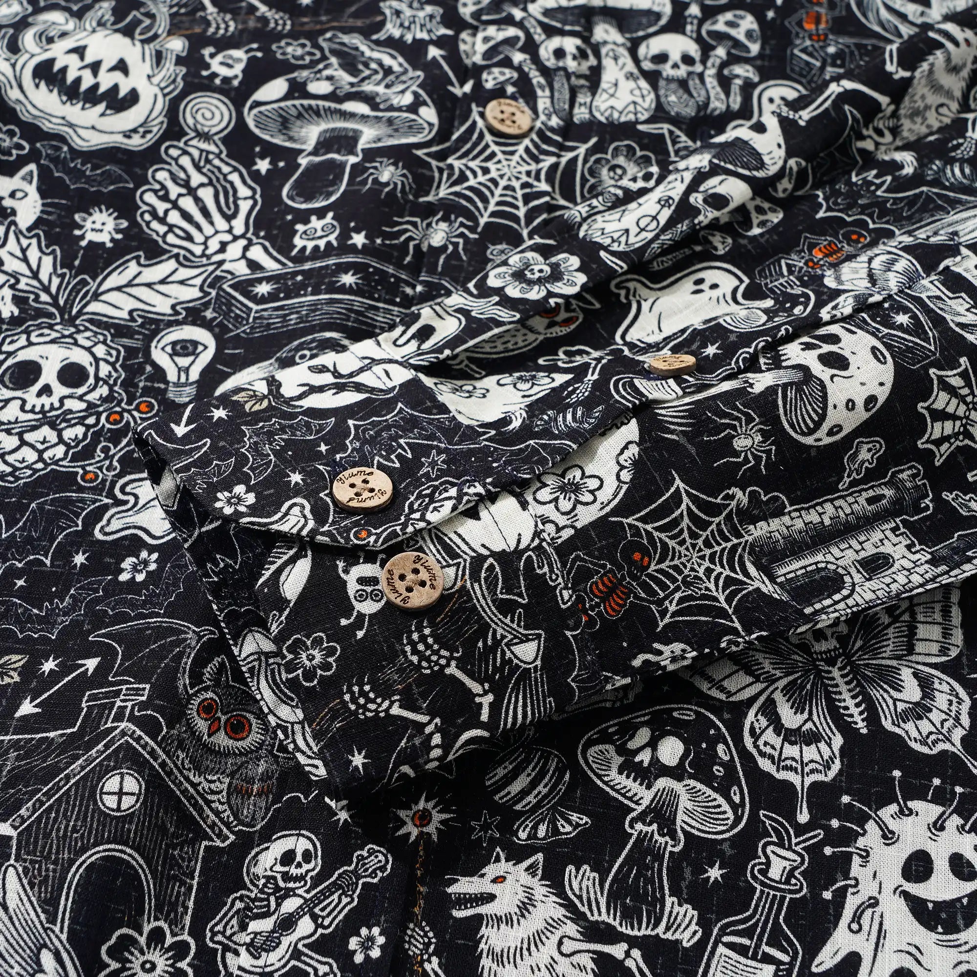 Men's Hawaiian Shirt Long Sleeve Button-down 100% Cotton Black Aloha Halloween Bash