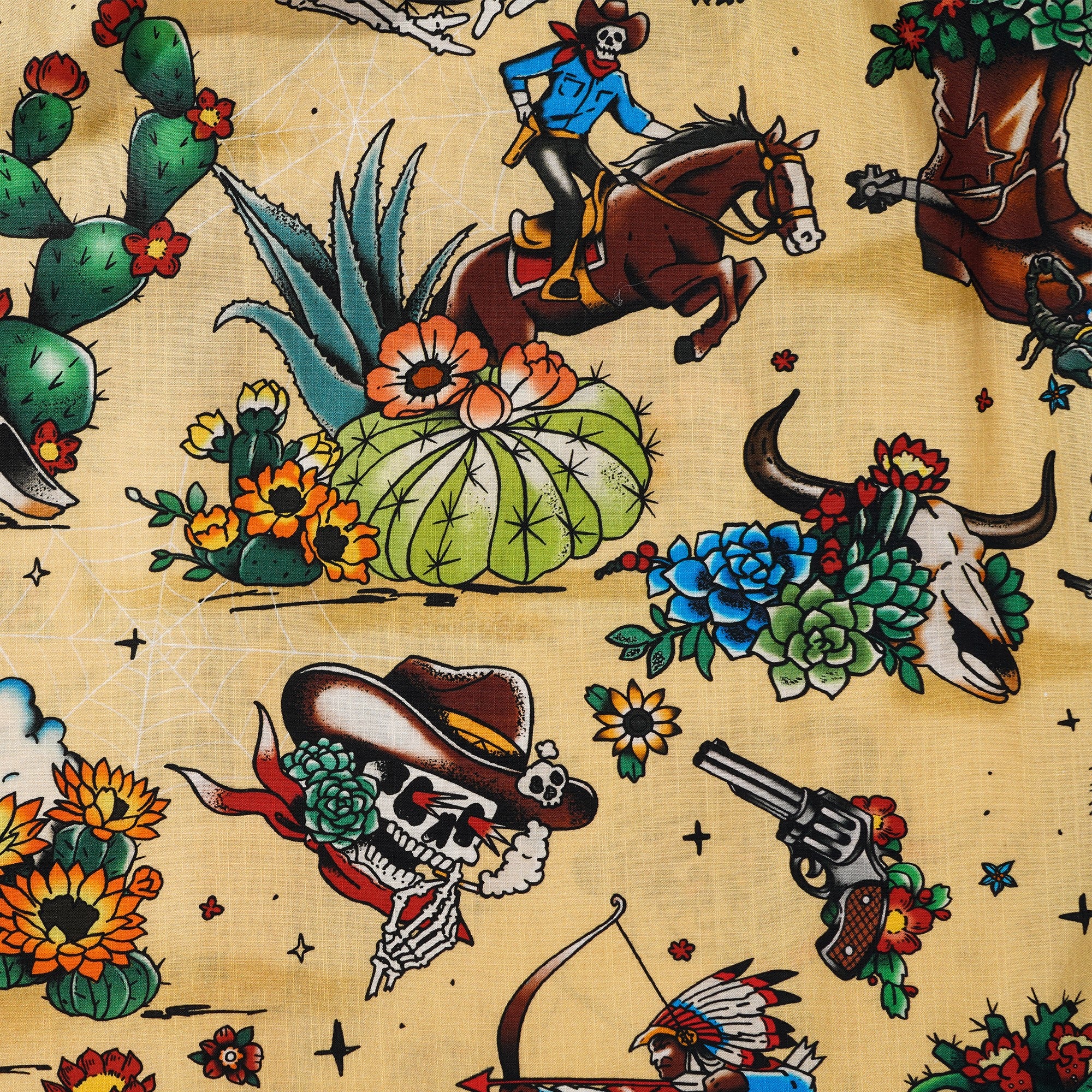 Western Cowboy Hawaiian Shirt For Men Short Sleeve Button-down 100% Cotton Desert Skull Shirt