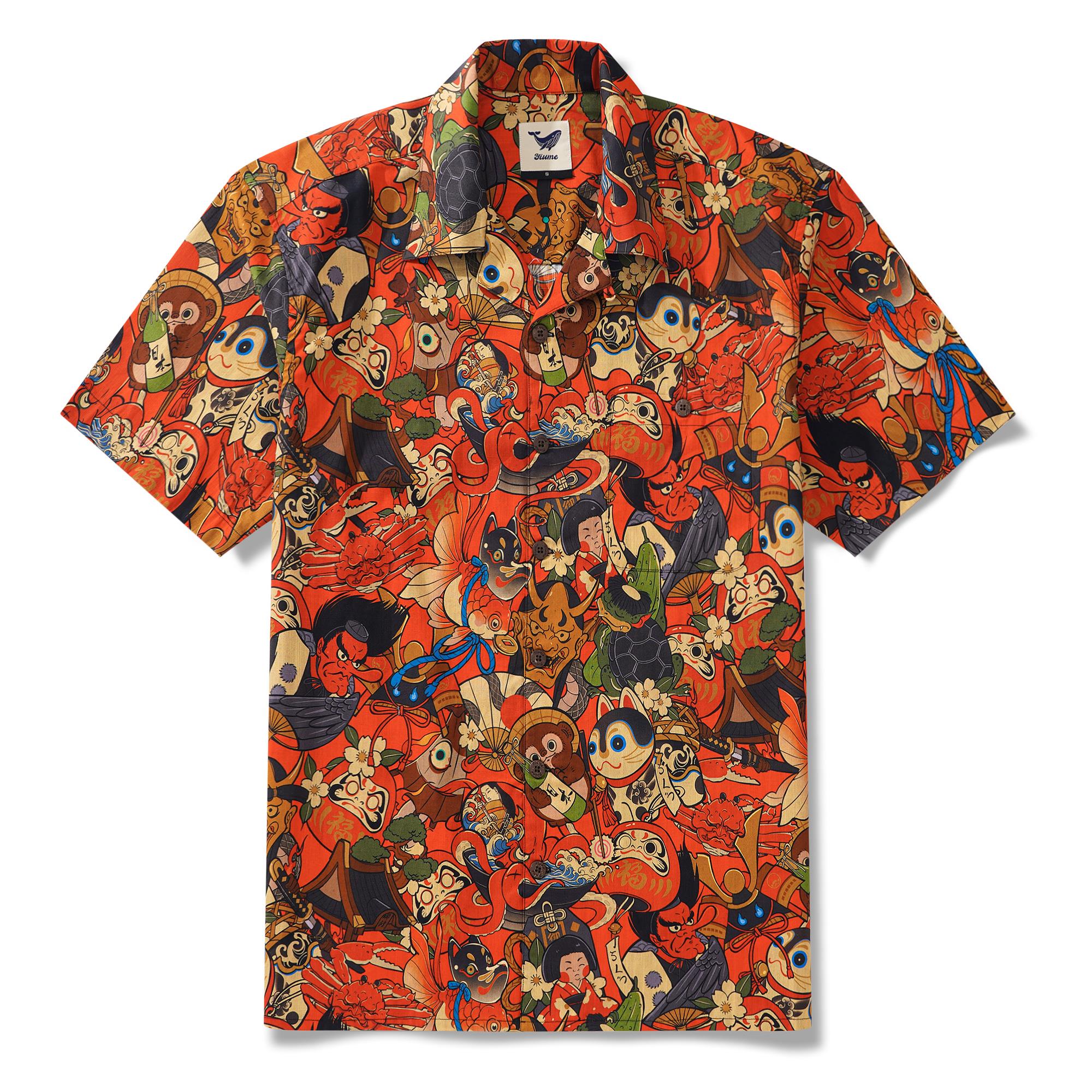 Collier de camp à manches courtes à manches courtes pour hommes 100% coton rouge Aloha bonne fortune spiritueux