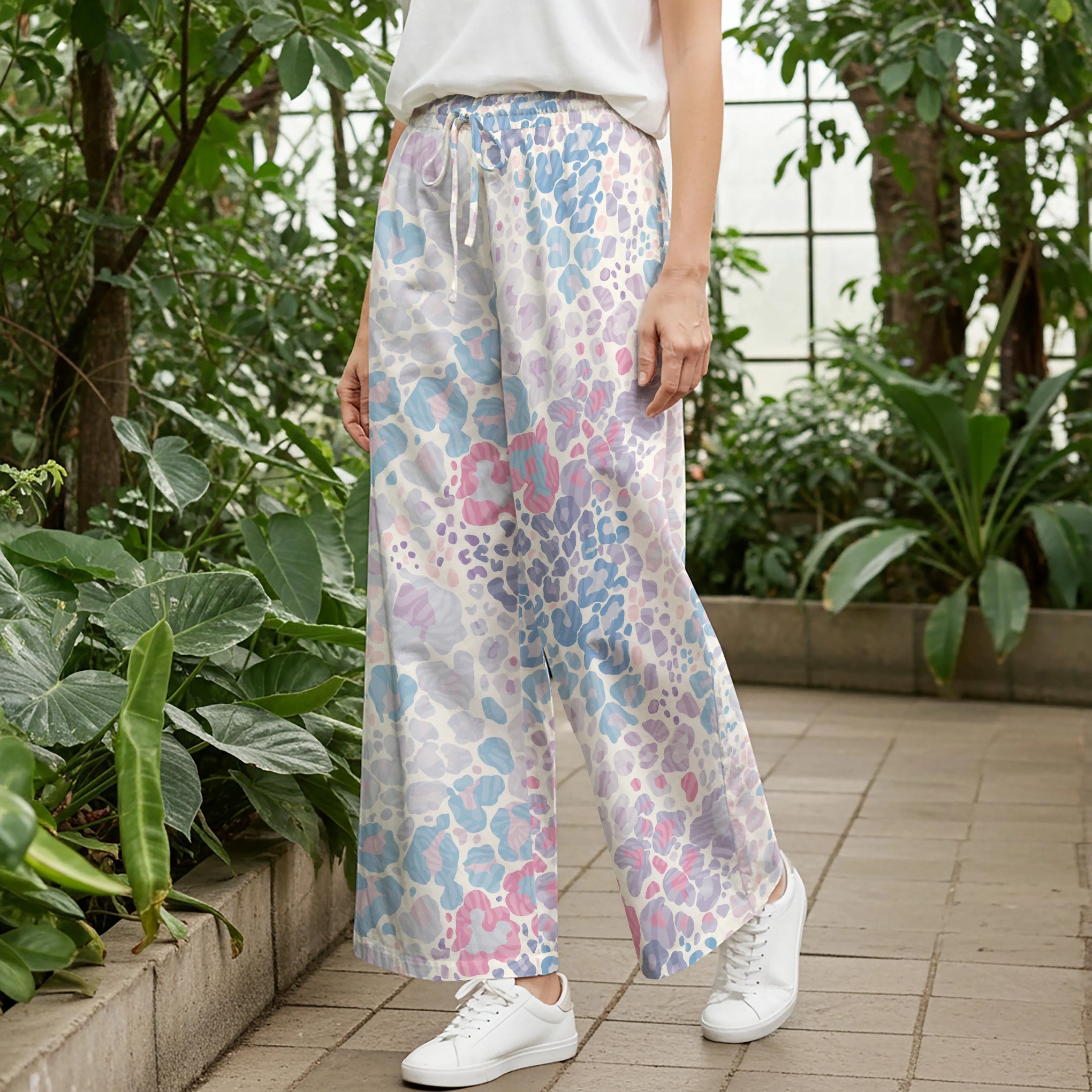 Women Casual Pants Lounge Elastic Waist Drawstring with Pockets 93% Lyocell, 7% Linen Beige Aloha Tropical Leopard Fantasy Camo Print