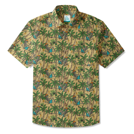 LeosWare Men's Hawaiian Shirt, green, skeleton coconut beach print
